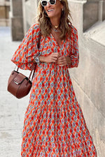 Women's Printed V Neck Puff Sleeve Tiered Ruffle Hem Long Maxi Dress