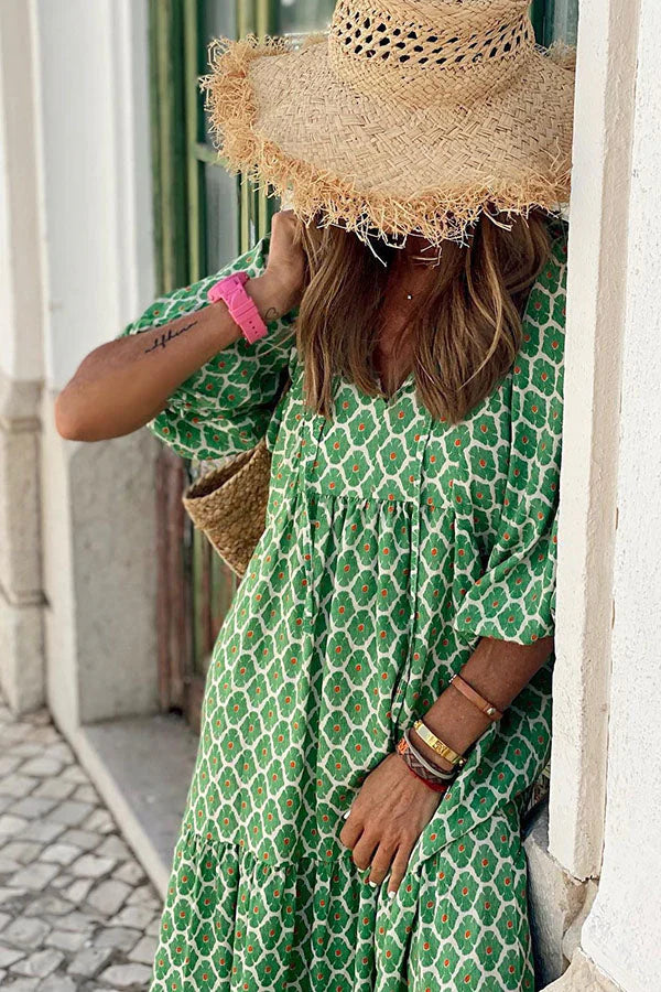 Women's Printed V Neck Puff Sleeve Tiered Ruffle Hem Long Maxi Dress