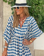 Women's Printed V Neck Puff Sleeve Tiered Ruffle Hem Long Maxi Dress