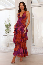 Women’s Printed V Neck Ruffle Tiered Maxi Wedding Guest Dress