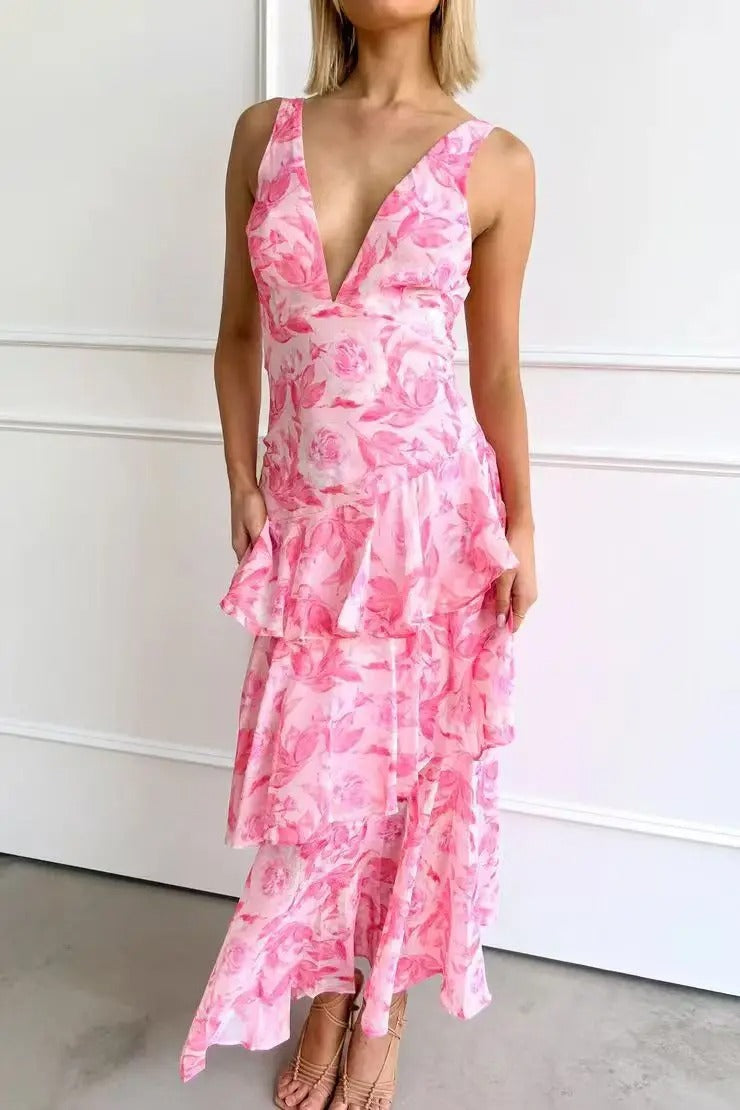 Women’s Printed V Neck Ruffle Tiered Maxi Wedding Guest Dress