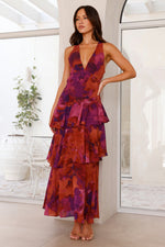 Women’s Printed V Neck Ruffle Tiered Maxi Wedding Guest Dress