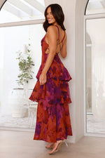 Women’s Printed V Neck Ruffle Tiered Maxi Wedding Guest Dress