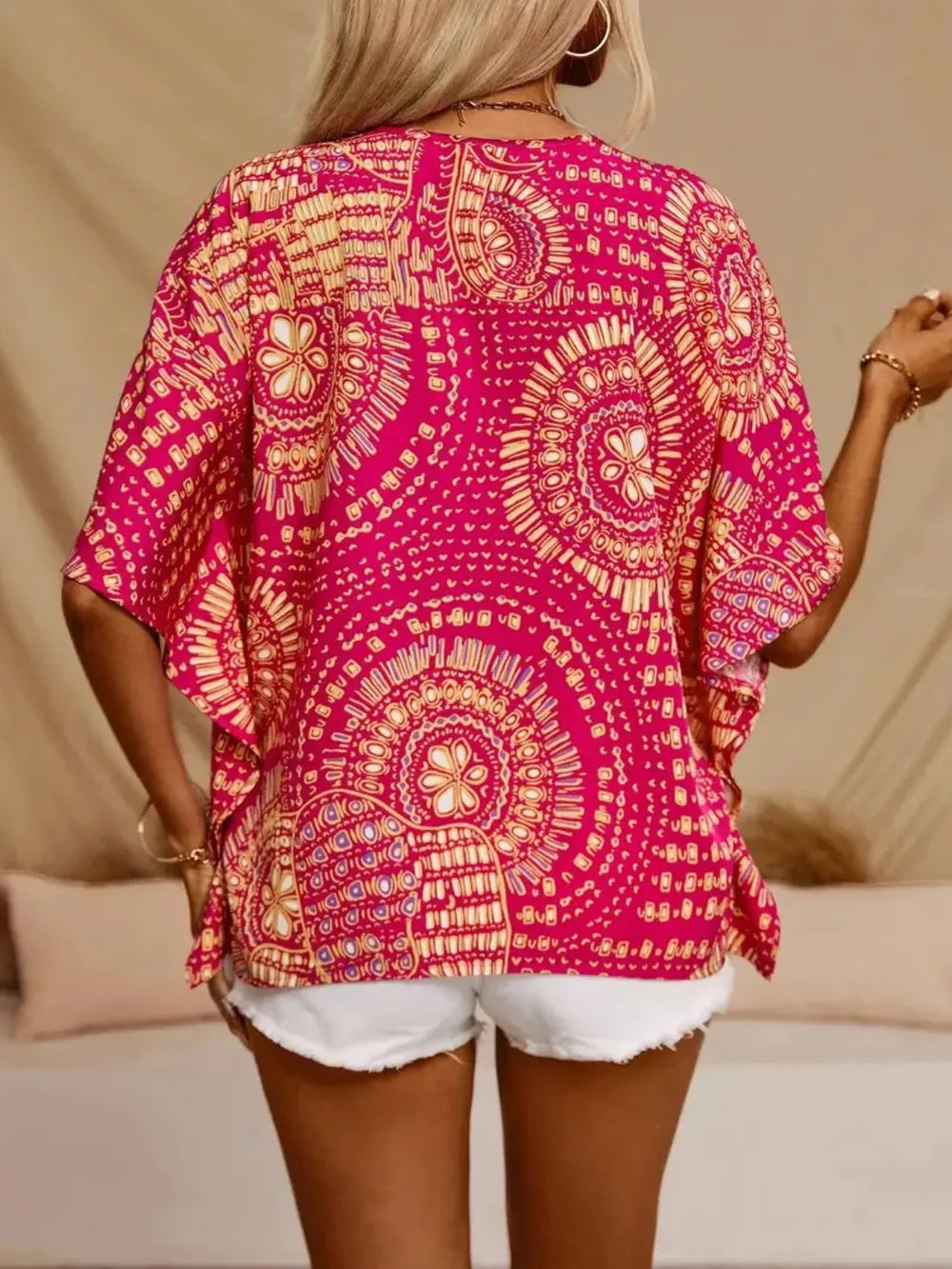 Women’s Printed V-Neck Short Sleeve Loose Fit Blouse