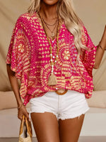 Women’s Printed V-Neck Short Sleeve Loose Fit Blouse