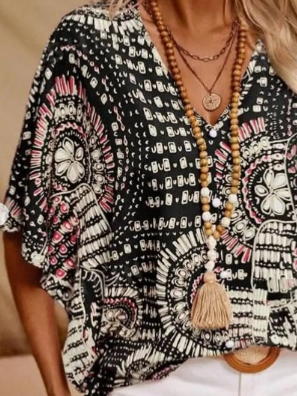 Women’s Printed V-Neck Short Sleeve Loose Fit Blouse