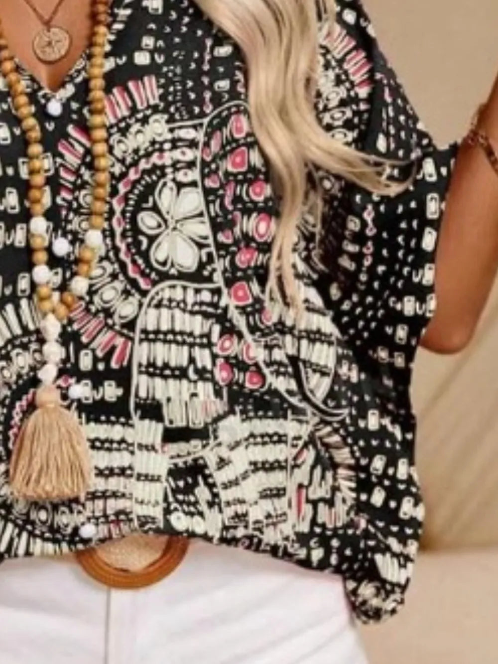 Women’s Printed V-Neck Short Sleeve Loose Fit Blouse