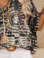 Women’s Printed V-Neck Short Sleeve Loose Fit Blouse