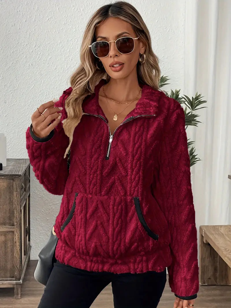 Women's Quarter-Zip Cable-Textured Fleece Sweater