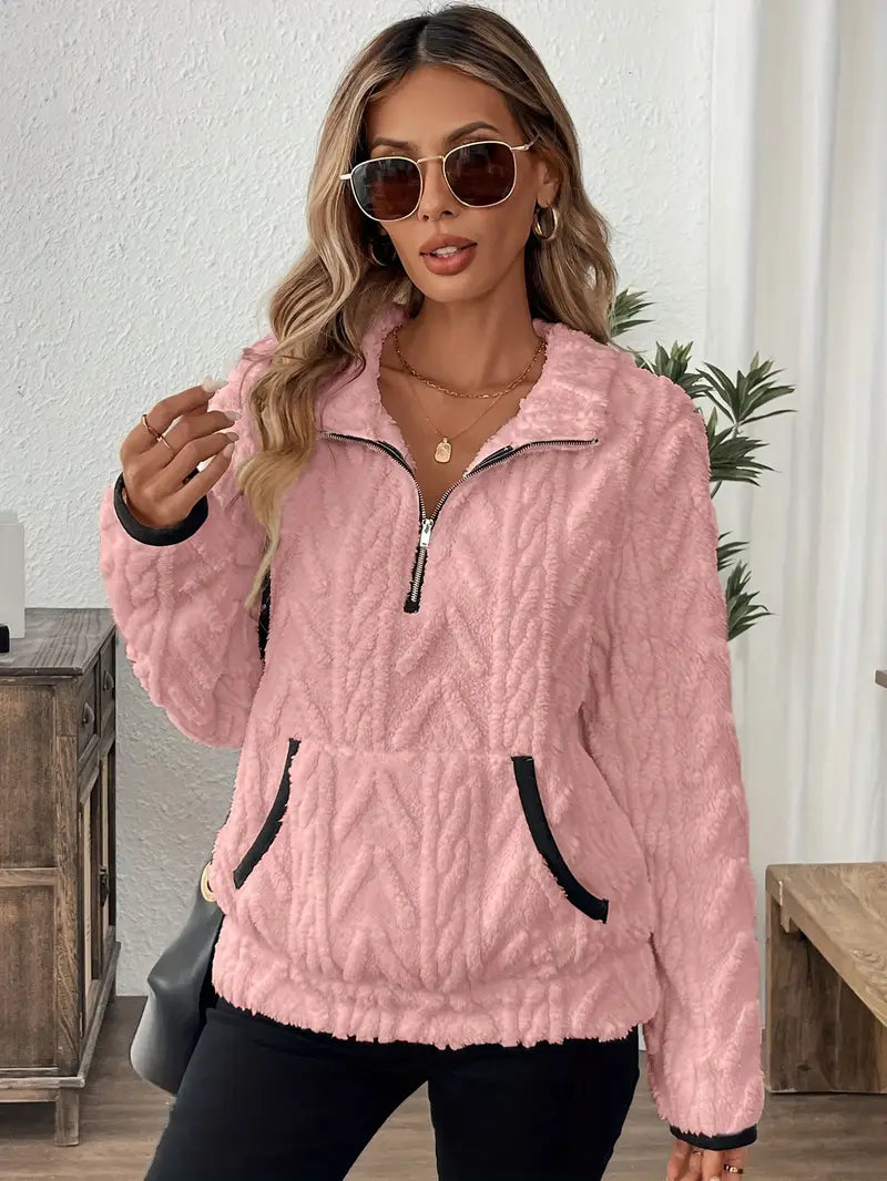 Women's Quarter-Zip Cable-Textured Fleece Sweater