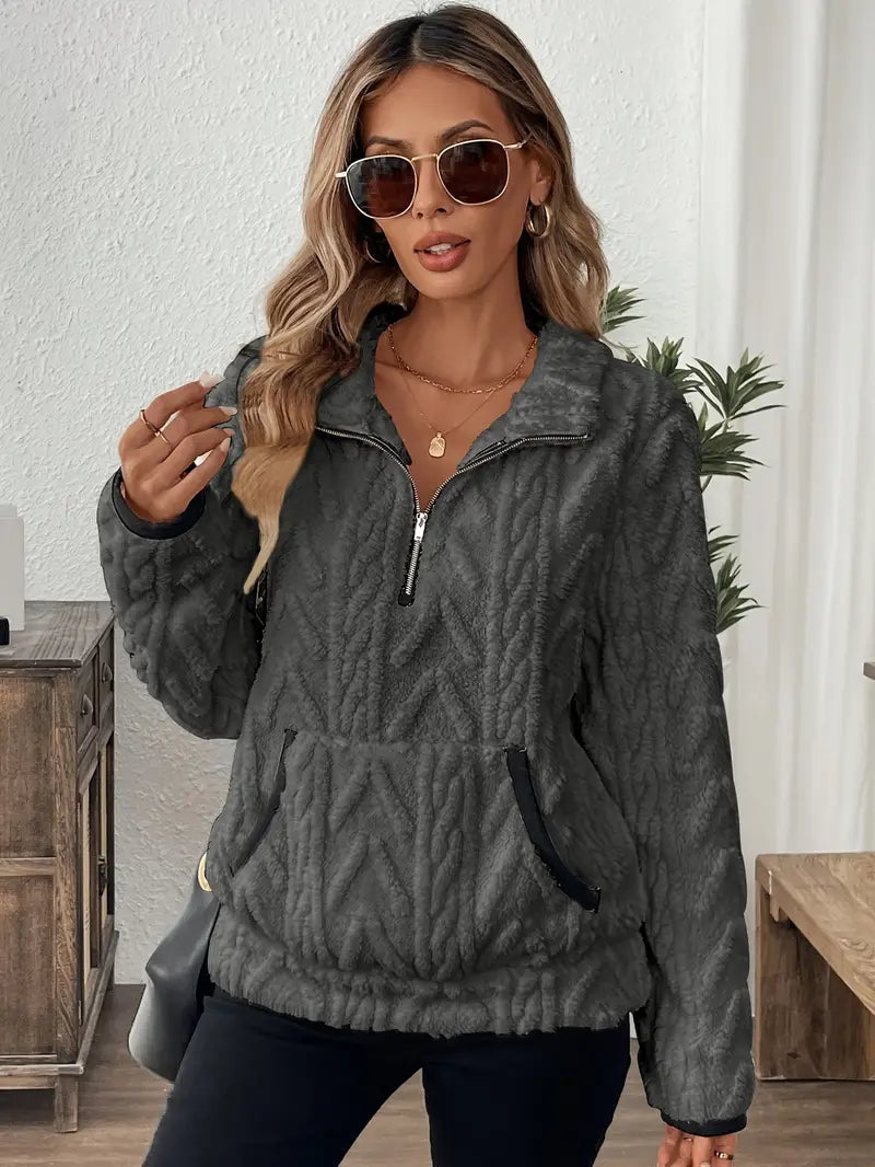 Women's Quarter-Zip Cable-Textured Fleece Sweater
