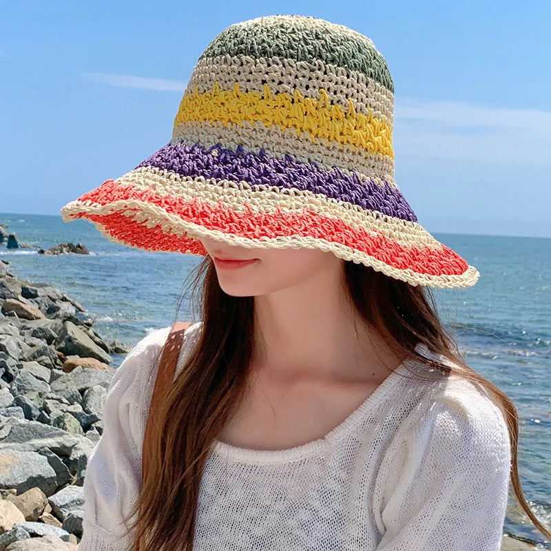 Women’s Rainbow Crochet Straw Bucket Hat