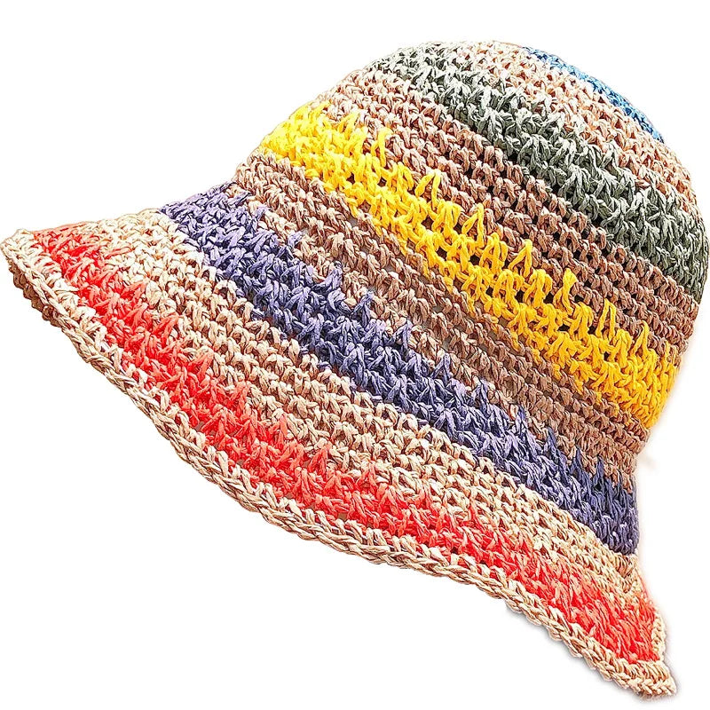 Women’s Rainbow Crochet Straw Bucket Hat