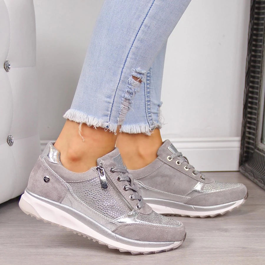 Women's Rhinestone Accented Side-Zip Lace-Up Sneakers