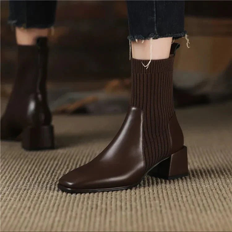 Women’s Ribbed Knit Sock Block Heel Ankle Boots