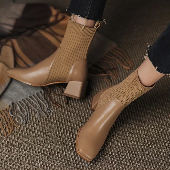 Women’s Ribbed Knit Sock Block Heel Ankle Boots