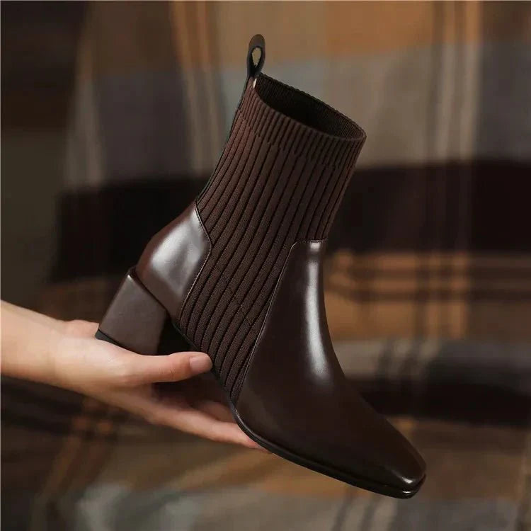 Women’s Ribbed Knit Sock Block Heel Ankle Boots