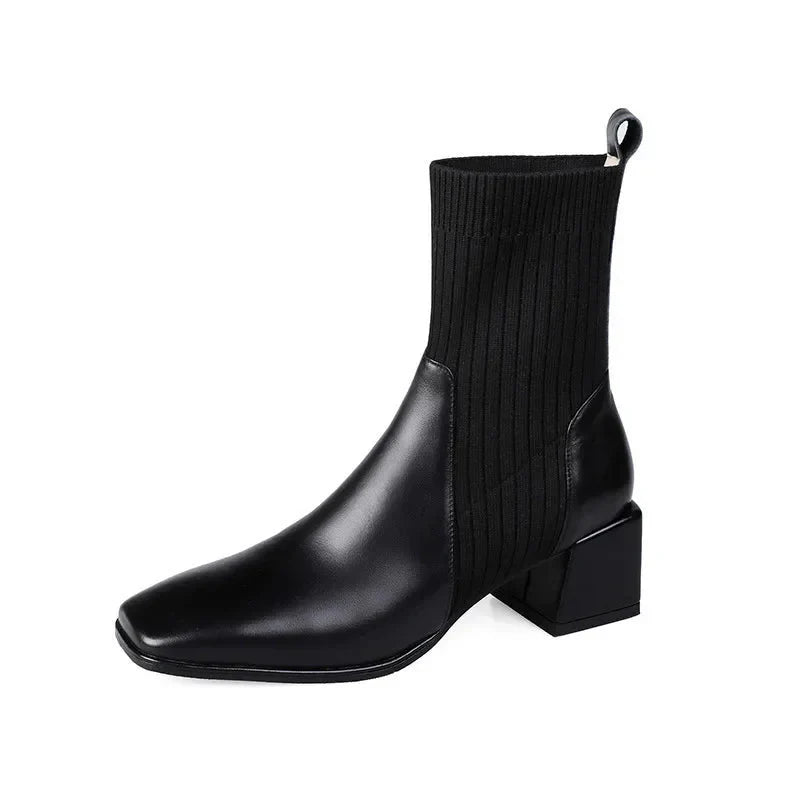 Women’s Ribbed Knit Sock Block Heel Ankle Boots