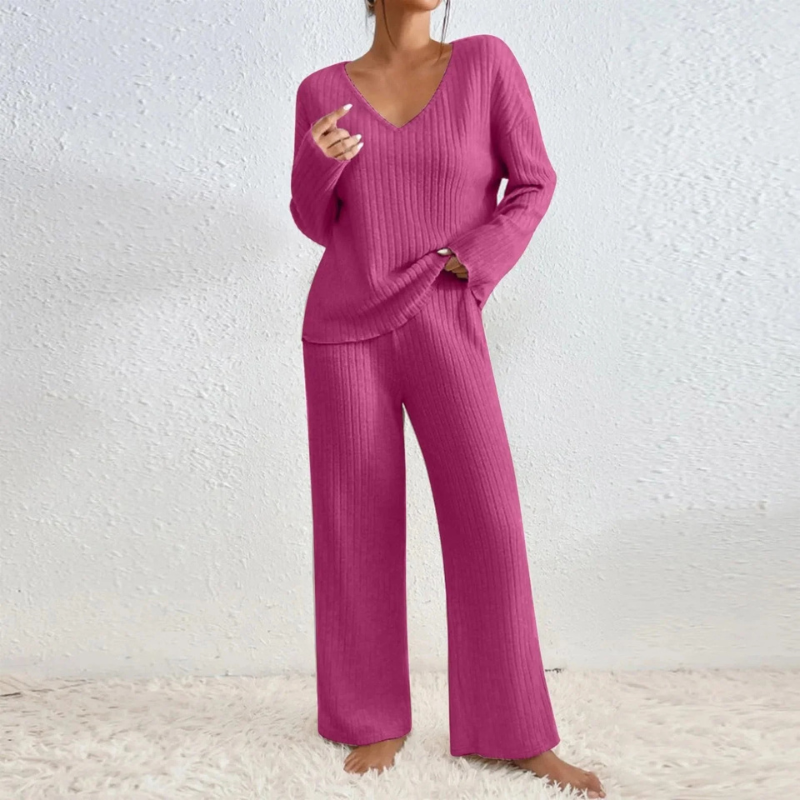 Women’s Ribbed Knit V-Neck Long Sleeve 2 Piece Lounge Set
