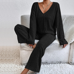 Women’s Ribbed Knit V-Neck Long Sleeve 2 Piece Lounge Set