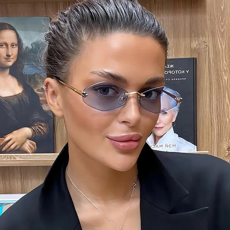 Women’s Rimless Geometric Oval Frame Sunglasses