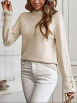 Women's Round-Neck Button-Cuff Lace-Trim Cable Knit Sweater