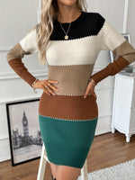 Women's Round-Neck Long-Sleeve Colorblock Ribbed-Trim Sweater Dress