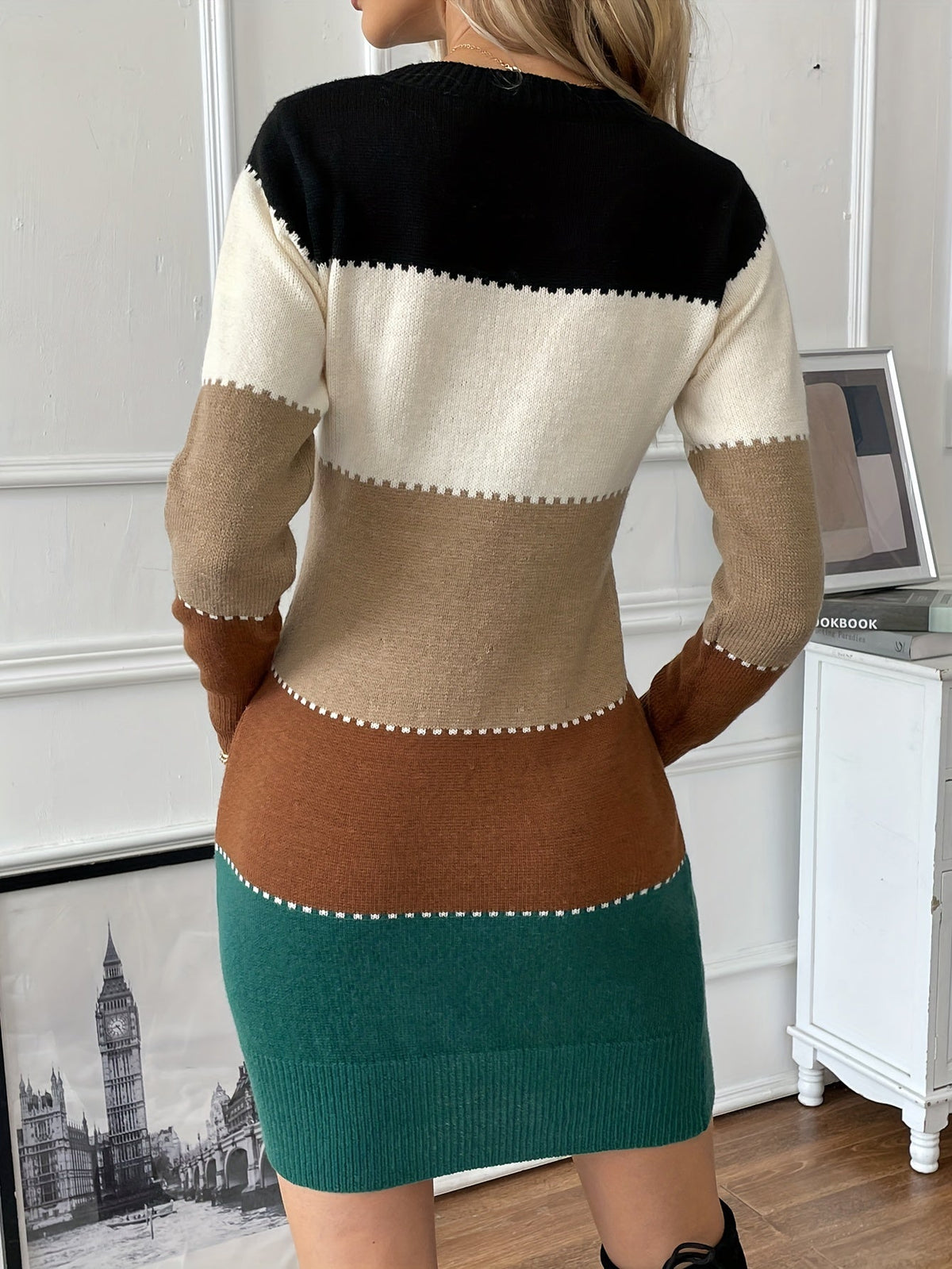 Women's Round-Neck Long-Sleeve Colorblock Ribbed-Trim Sweater Dress