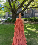 Women's Ruffle Floral Applique One Shoulder Tiered Maxi Prom Dress