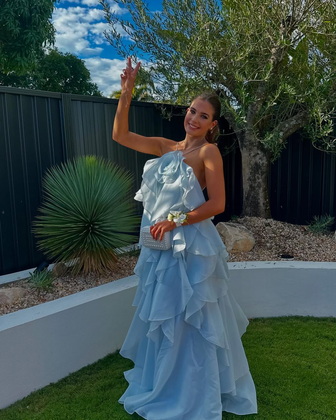 Women's Ruffle Floral Applique One Shoulder Tiered Maxi Prom Dress