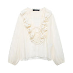 Women’s Ruffle Tie Front Long Sleeve Blouse