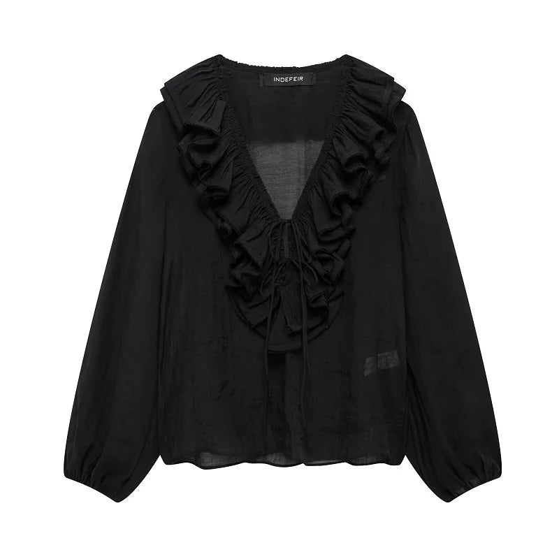 Women’s Ruffle Tie Front Long Sleeve Blouse