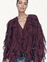 Women’s Ruffle Trim Sheer Button Front Blouse