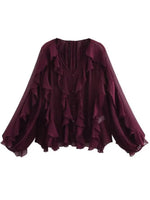 Women’s Ruffle Trim Sheer Button Front Blouse