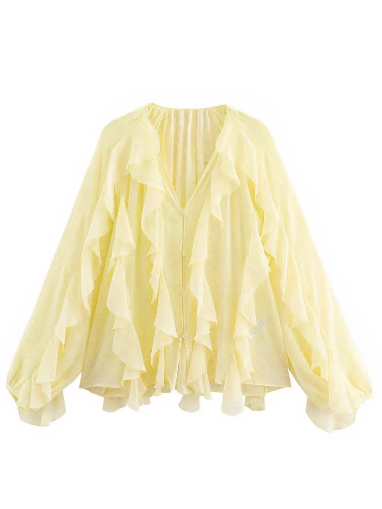 Women’s Ruffle Trim Sheer Button Front Blouse