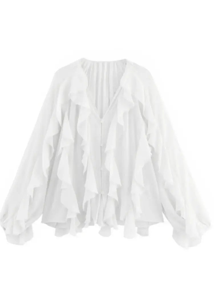 Women’s Ruffle Trim Sheer Button Front Blouse