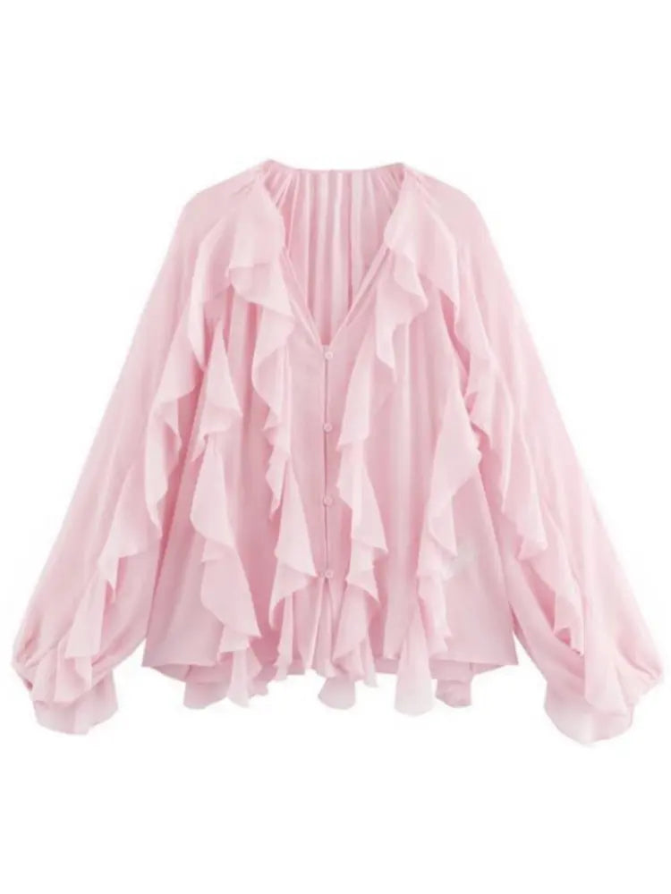 Women’s Ruffle Trim Sheer Button Front Blouse