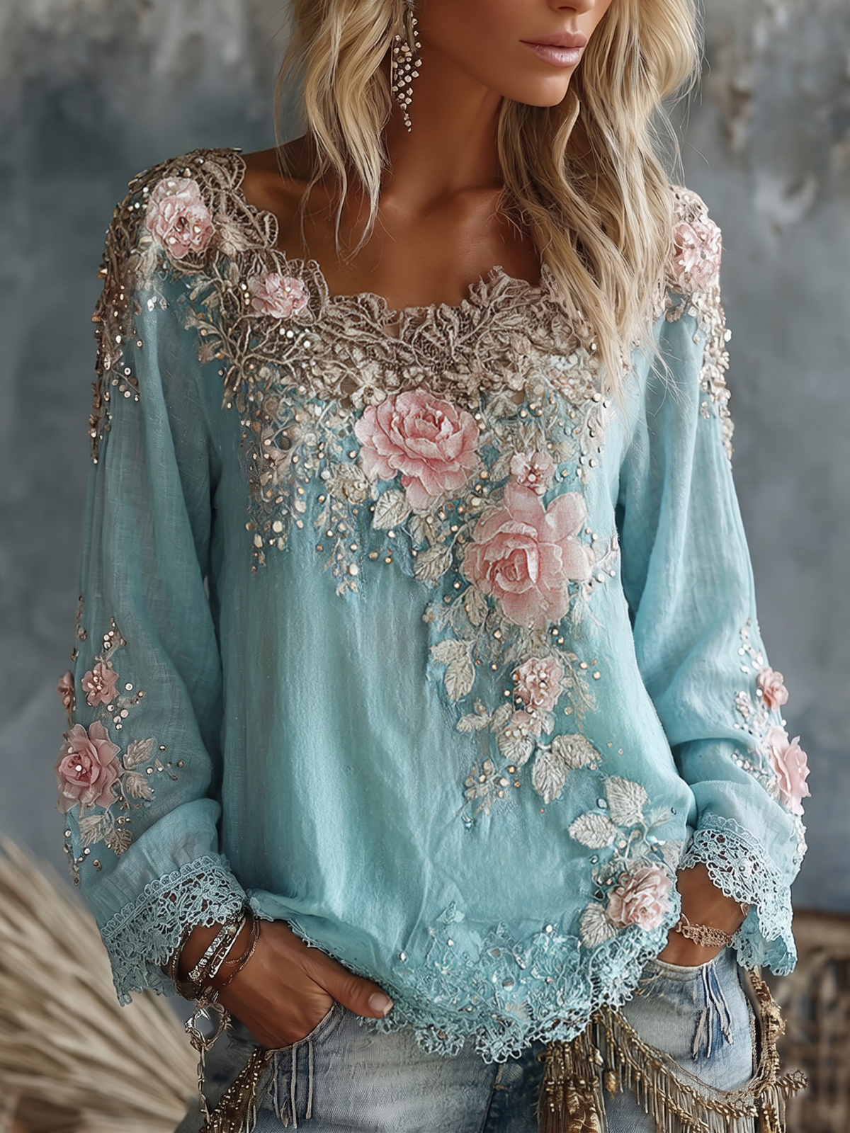Women's Scoop-Neck Long-Sleeve Embroidered Top