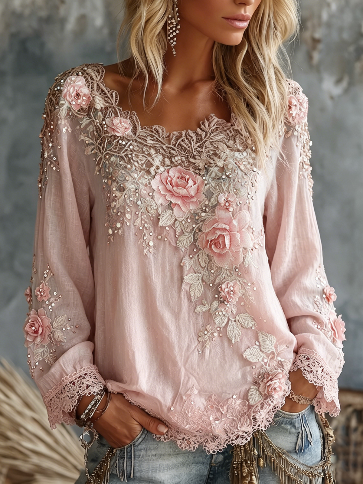 Women's Scoop-Neck Long-Sleeve Embroidered Top