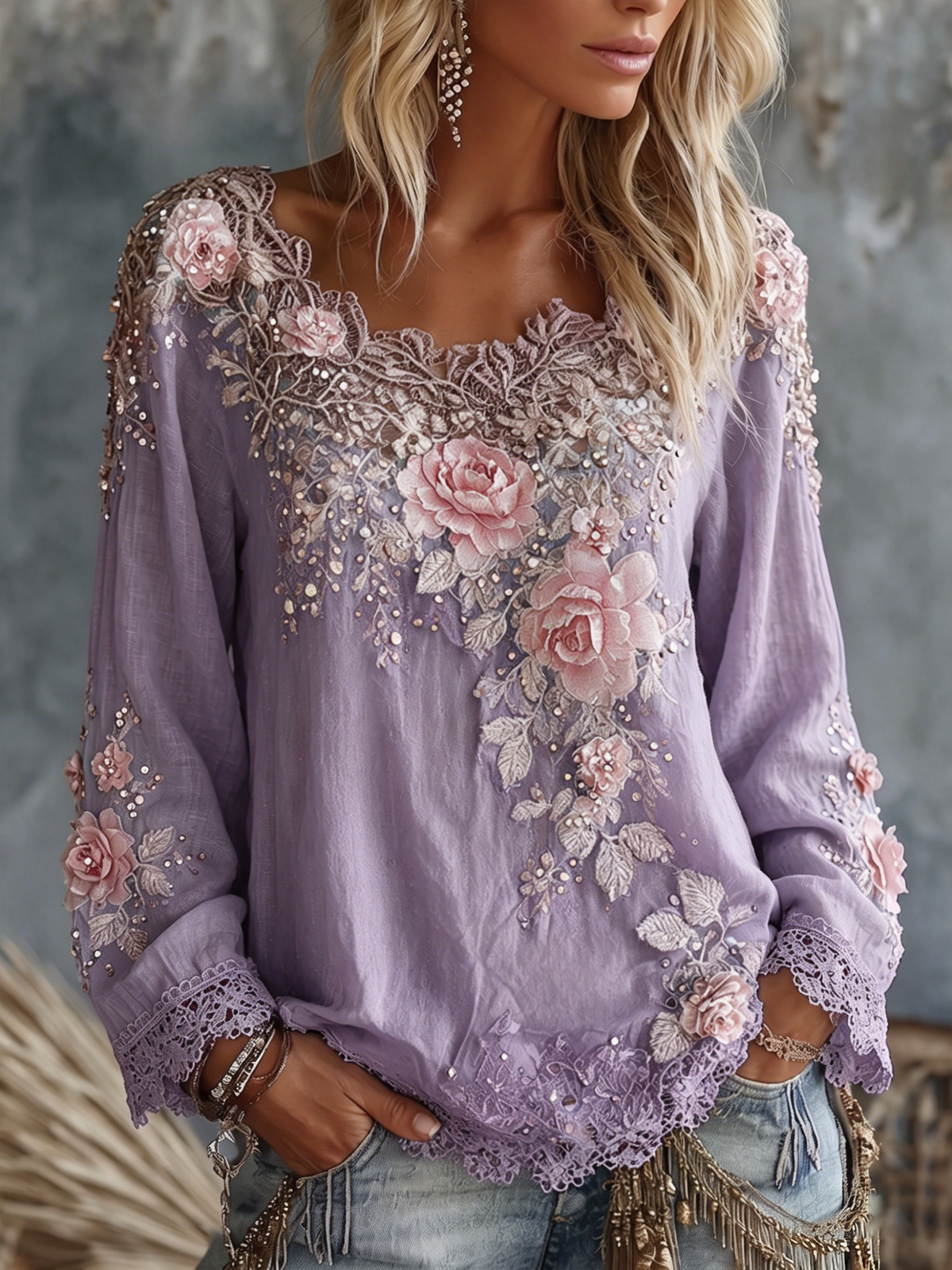 Women's Scoop-Neck Long-Sleeve Embroidered Top