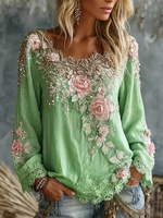 Women's Scoop-Neck Long-Sleeve Embroidered Top