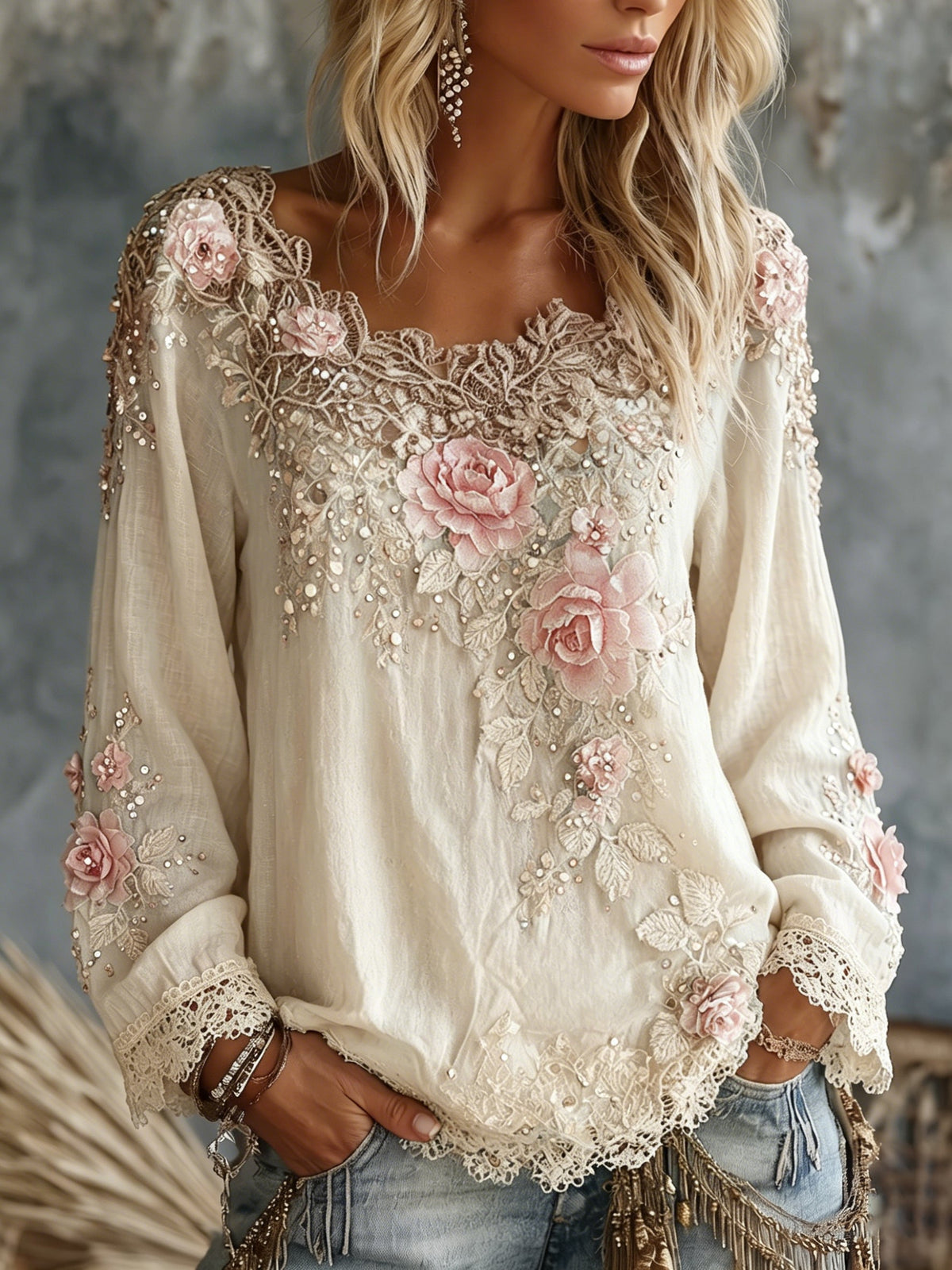Women's Scoop-Neck Long-Sleeve Embroidered Top