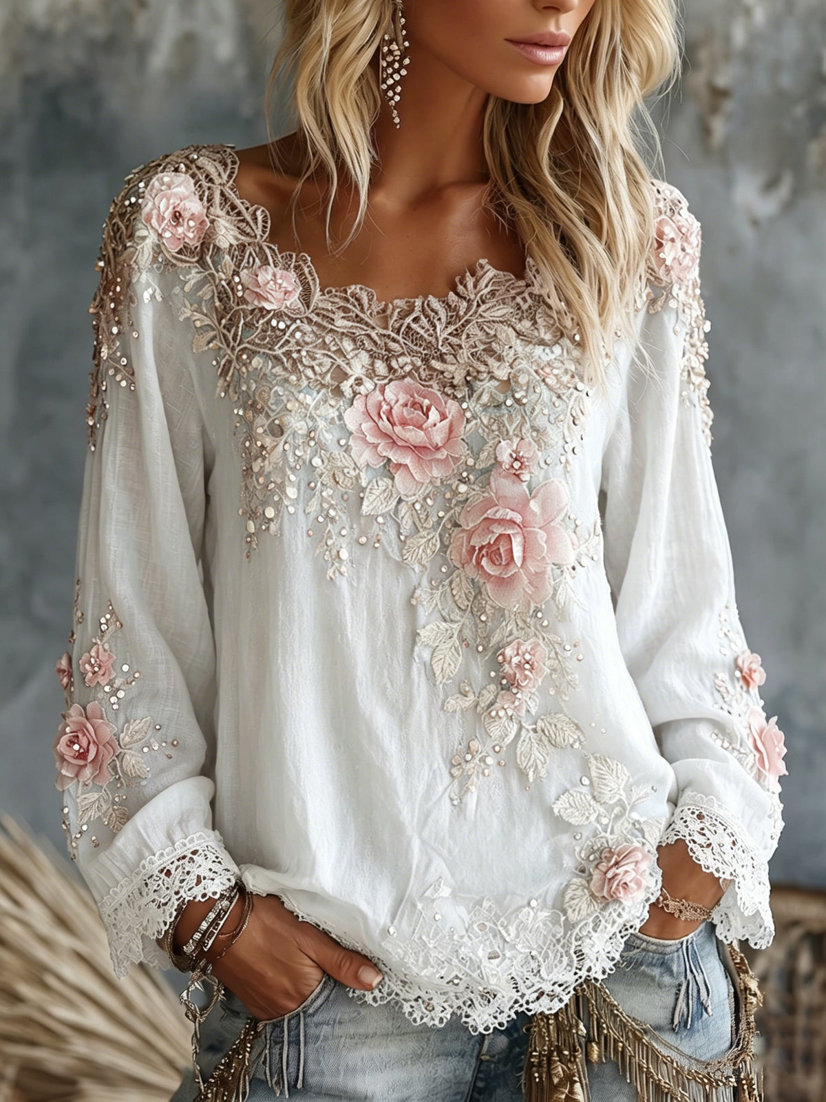 Women's Scoop-Neck Long-Sleeve Embroidered Top