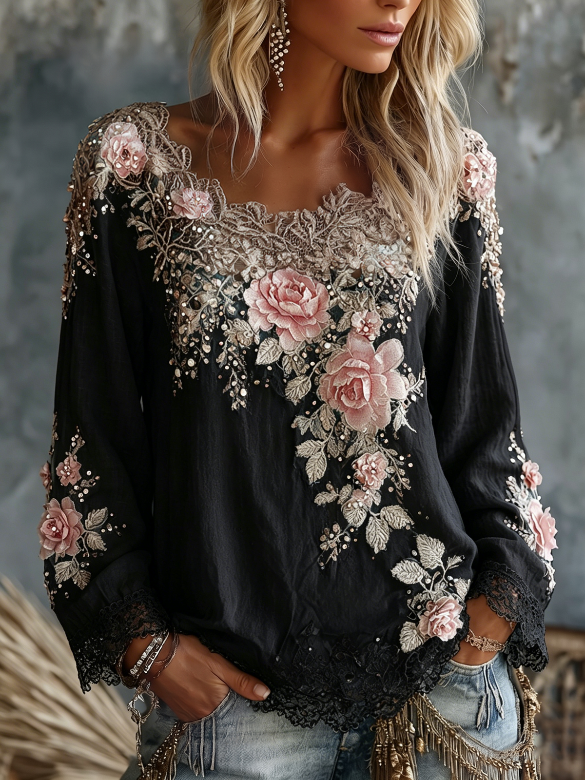 Women's Scoop-Neck Long-Sleeve Embroidered Top