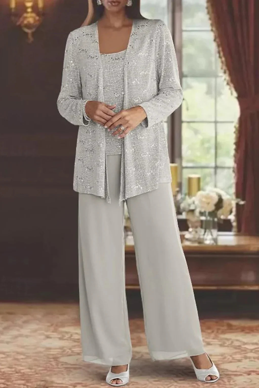Women's Sequin Long-Sleeve Wide-Leg Three-Piece Suit Set