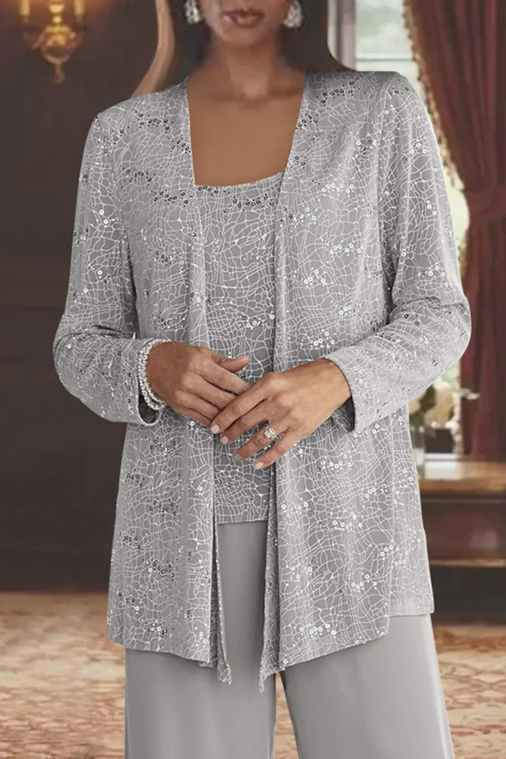 Women's Sequin Long-Sleeve Wide-Leg Three-Piece Suit Set
