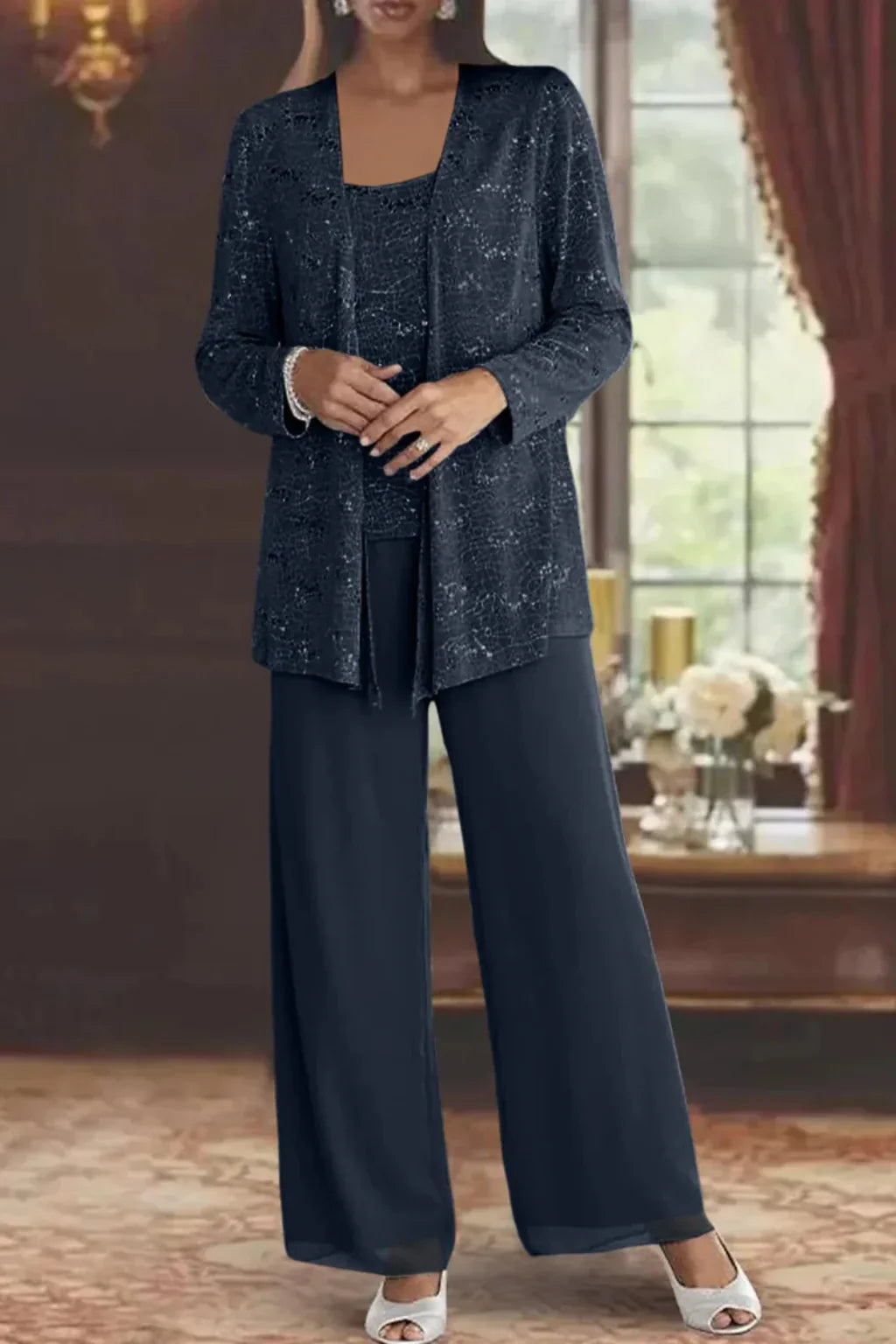 Women's Sequin Long-Sleeve Wide-Leg Three-Piece Suit Set