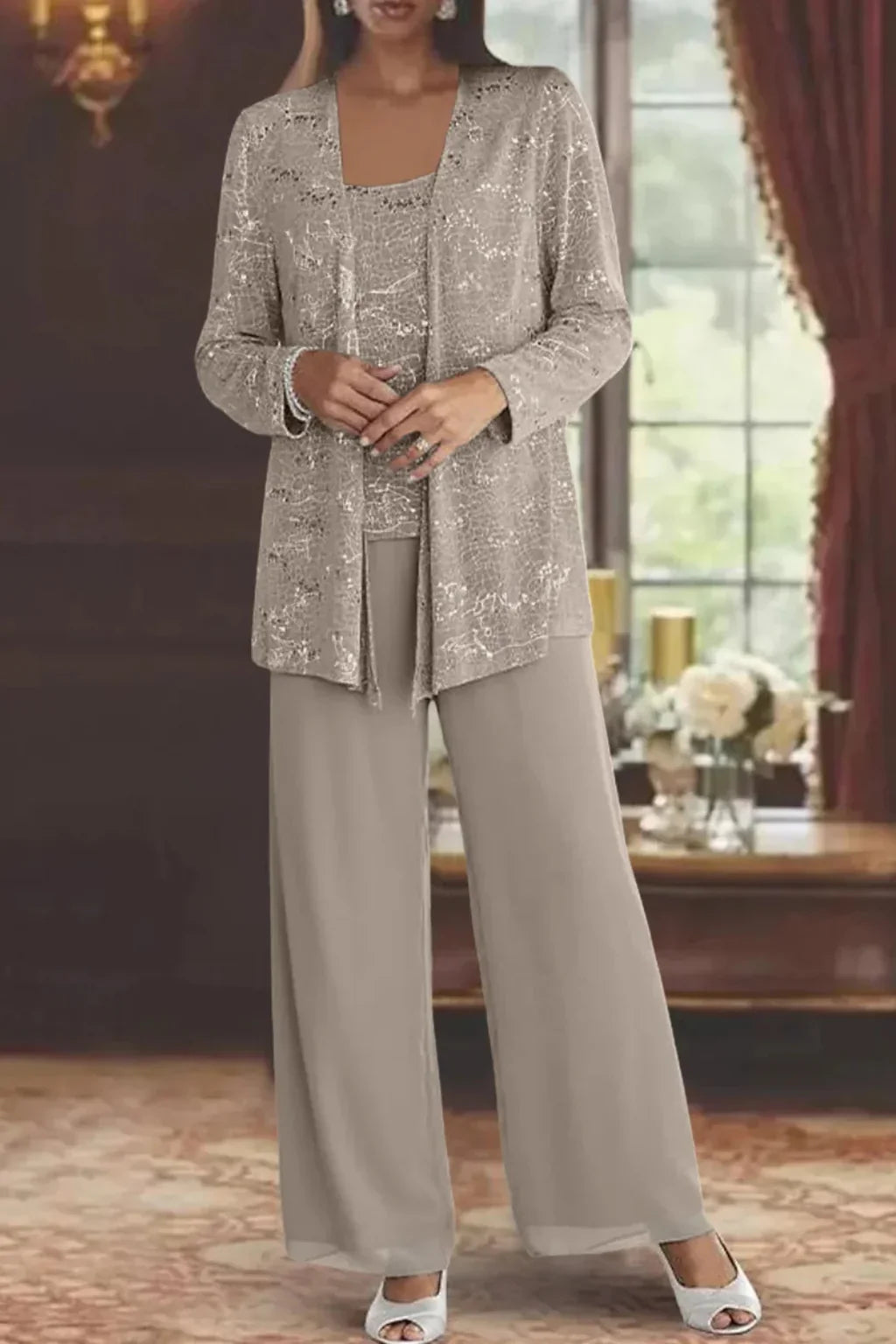 Women's Sequin Long-Sleeve Wide-Leg Three-Piece Suit Set