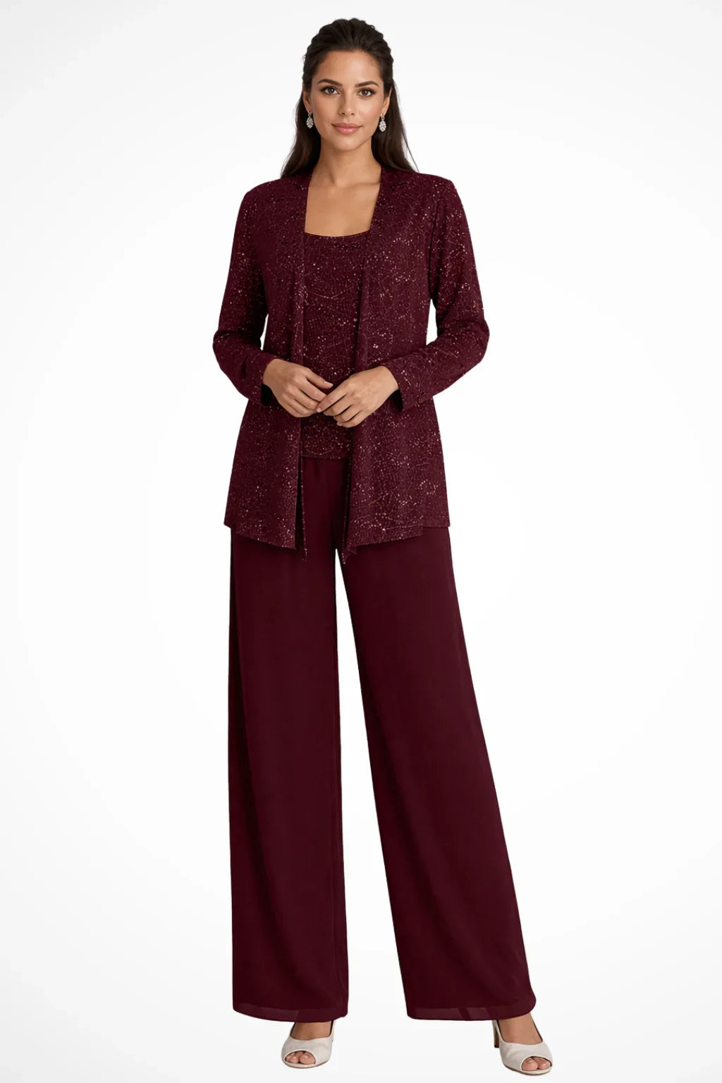 Women's Sequin Long-Sleeve Wide-Leg Three-Piece Suit Set