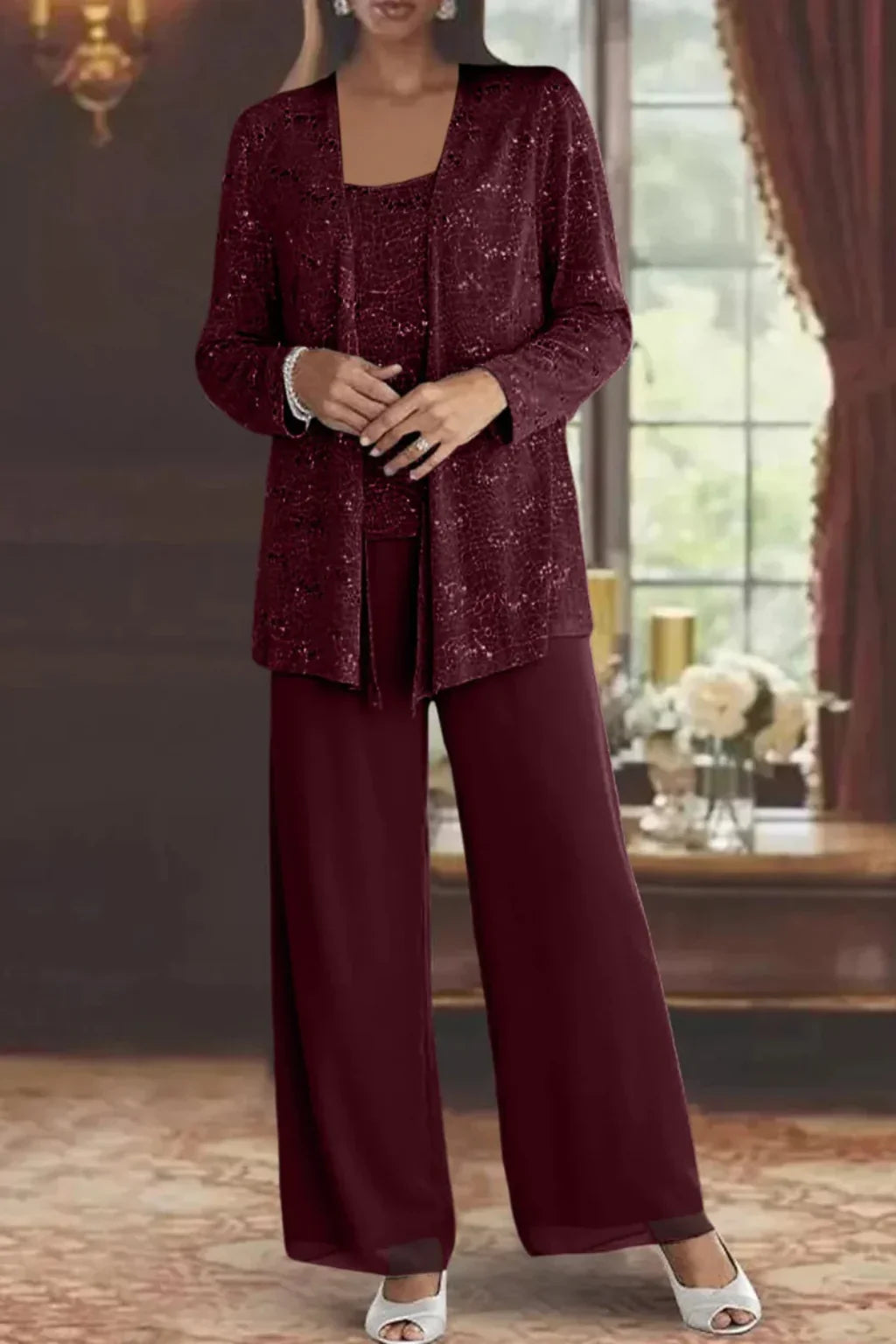 Women's Sequin Long-Sleeve Wide-Leg Three-Piece Suit Set